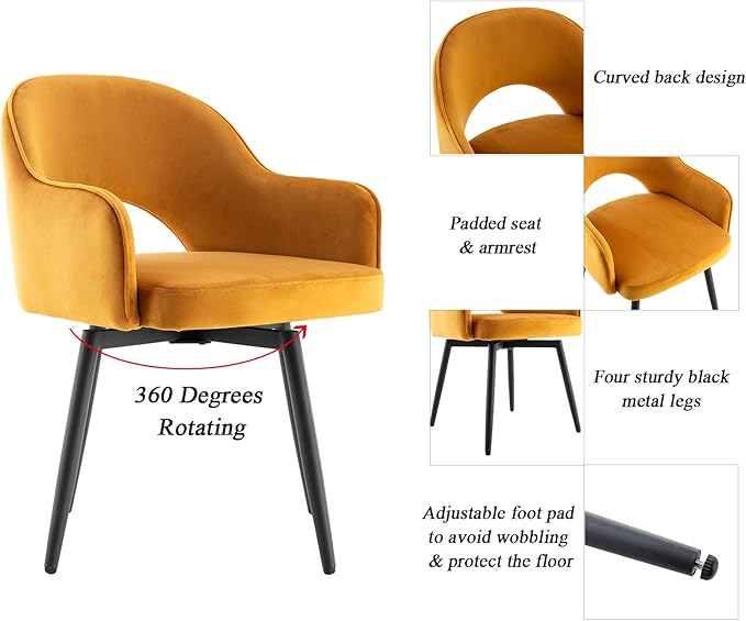 DUOMAY Swivel Dining Chair Set of 2, Velvet Upholstered Side Chair Modern Accent Guest Chair Home Office Desk Chair with No Wheels for Dining Room Living Room Office, Yellow