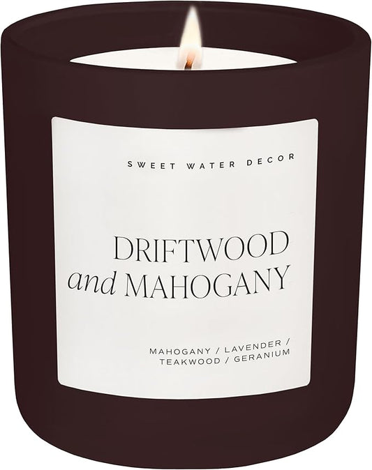 Sweet Water Decor Driftwood & Mahogany Candle, Large 15oz Jar, Non-Toxic Soy Wax Blend Scented with Lavender, Teakwood & Geranium, Masculine Candle for Men or Women, Long-Lasting 70+ Hour Burn