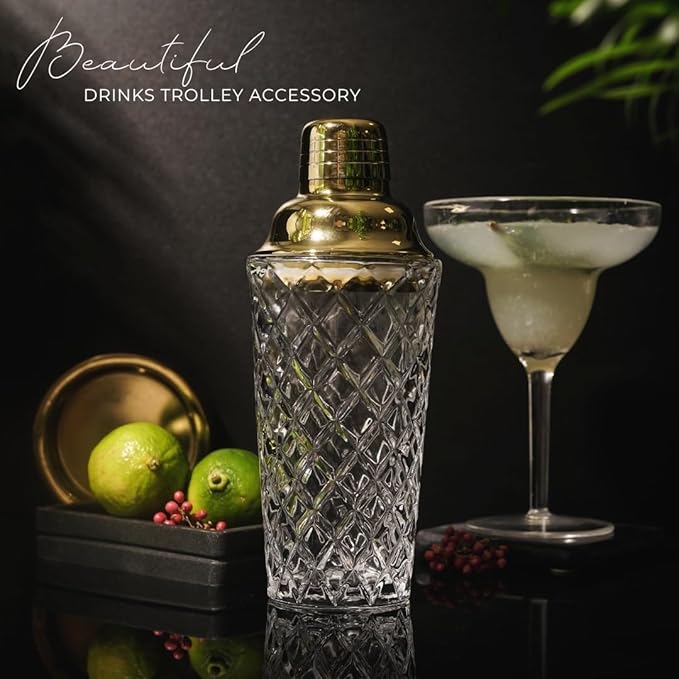 Gold Cocktail Shaker Glass Set - 5 Piece Martini Shaker Set with Strainer, Jigger, Spoon & Muddler - 16oz Crystal Shaker - Ideal Gift for Home Bar & Drink Trolley Décor