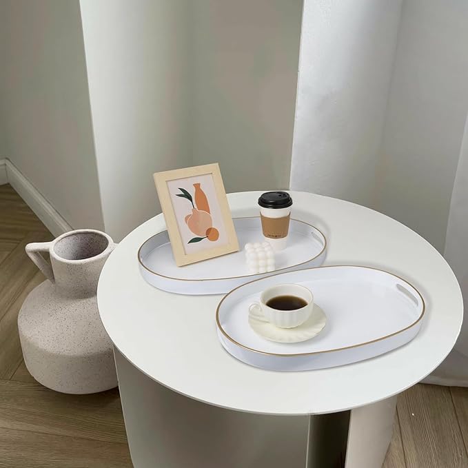 MAONAME White Serving Trays with Handles, Oval Decorative Trays for Coffee Table, Nesting Tray Set of 2, Plastic Vanity Tray for Ottoman, Living Room