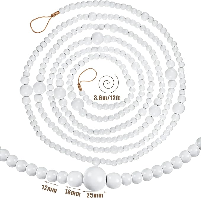 12 Feet Christmas Wooden Beads Garland Round Craft Farmhouse Vintage Wood Bead Garlands for Xmas Decoration Supplies(White)