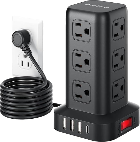 Surge Protector Power Strip 6.5 FT Cord, Power Strip Tower with 4 USB Ports (1USB C), Extension Cord with 12 AC Multiple Outlets, Home Office Supplies Desk Accessories, Dorm Room Essentials