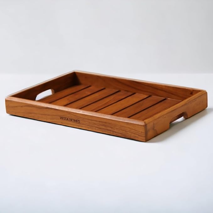 Vesta Homes Large Teak Wood Serving Tray for Home, Kitchen, Breakfast, Restaurant, Office Organizer, Dining Table | Premium Wooden Tray |15 * 10 * 1.5 Inches | Handmade in India