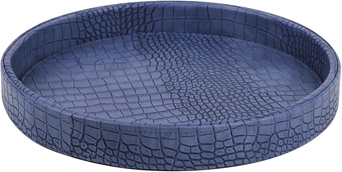 HofferRuffer Faux Leather Round Serving Tray, Vegan Croco Leather Decorative Tray, Food Tray for Storage Drinks, Snack & Cosmetics, Dia.12'' x 1.6'' (Blue)