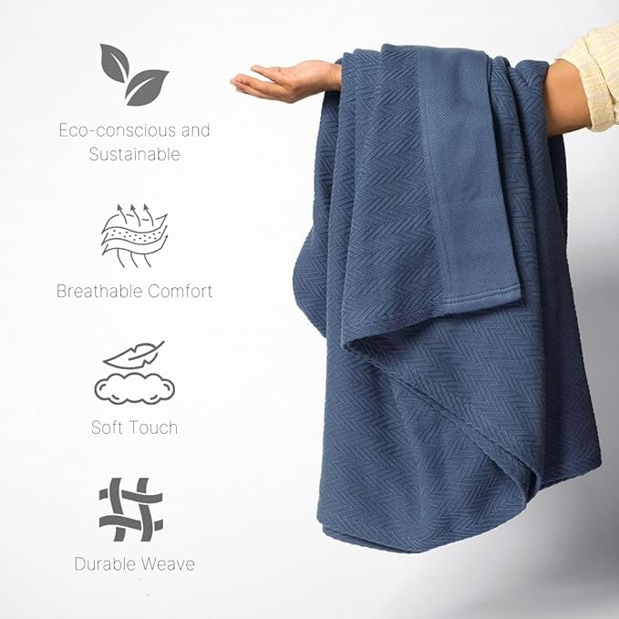 Multipurpose Blanket, Twin Size 100% Extra Long Staple Cotton, Herringbone Weave, Blue, Soft & Breathable, Ideal for All Seasons