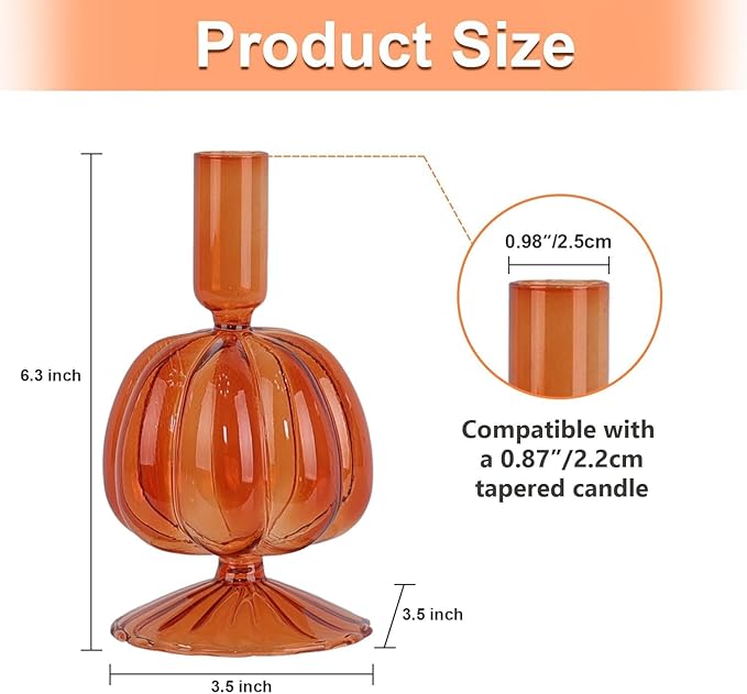 NEEDOMO Fall Decorations for Home, Set of 3 Glass Pumpkin Candlestick Holders for Thanksgiving Decor, Taper Candle Holder Fall Centerpieces for Tables Mantels Windows Indoor