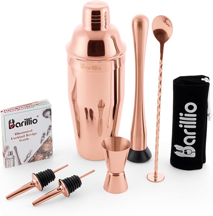 Barillio Rose Gold Mixology Bartender Kit - 8 pcs Stainless Steel Travel Cocktail Shaker Set with Bag - Copper Bar Tools Set | Martini Shaker, Drink Mixer Spoon & Mojito Muddler, Pourers & Jigger