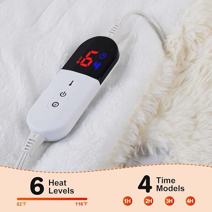 Heated Blanket with 4 Hours Auto-Off, 6 Heat Level, Cozy Shaggy Faux Rabbit Fur Electric Blanket with Overheating Protection (White, 50"X60")