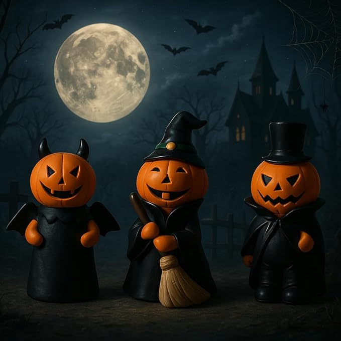 Halloween Decorations Indoor Pumpkin Figurine Set of 3, Mini Handmade Resin Trinket Tray Broom & Witch Pumpkin, Decor for Tabletop Mantel Shelf Home Office Party