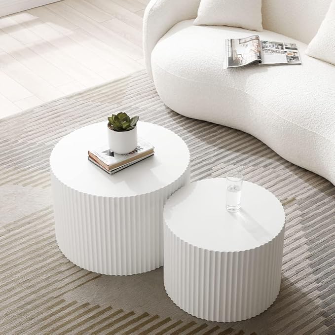 23.6" Round Coffee Table Set of 2, MDF Nesting Tables with Roman Column Design, Modern Handcrafted Wooden Drum Accent Tables for Living Room, No Assembly Required (White)