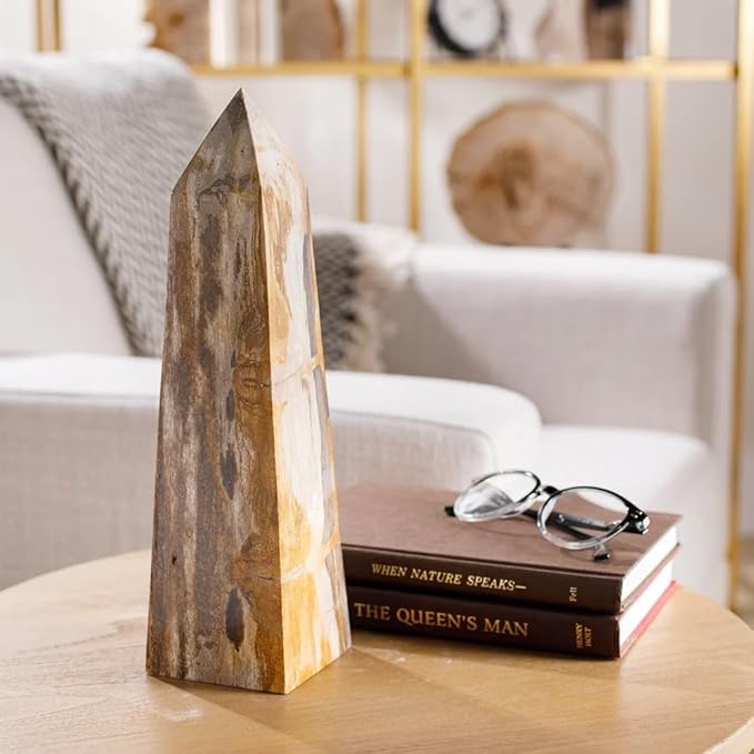 KALIFANO - 12" Brown Petrified Wood Obelisk Point, Hand-Carved, Timeless, Unique, and Elegant Decor Accent, Office or Home Decor