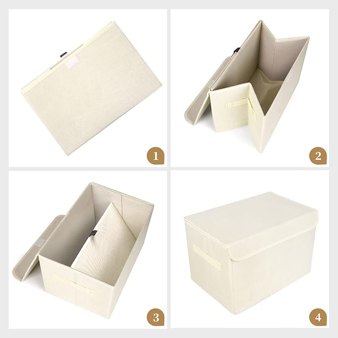 Large 22 Quart [4-Pack] Linen Fabric Foldable Storage Bin Cube Organizer Basket with Flip-Top Lid & Handles, Clothes Blanket Box for Home, Office, Closet (14.6 x 9.5 x 9.5, Beige)
