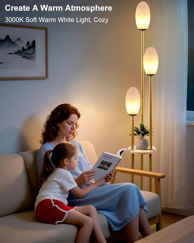 Lightdot Gold Dimmable Floor Lamp with Table, 63IN Mid-Century Oval Floor Lamps with 3000K Soft Warm White Bulbs, 3-Lights Candle Holder Style Modern Tall Standing Lamp for Living Room