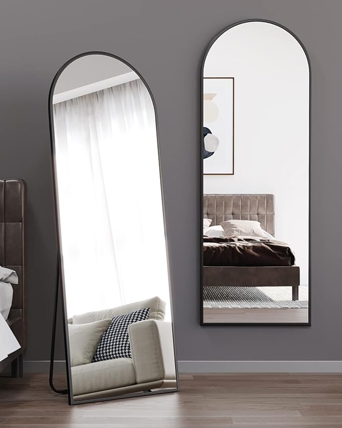 Floor Mirror, Full Length Mirror with Stand, Arched Wall Mirror Full Length, Black Floor Mirror Freestanding, Wall Mounted for Bedroom Living Room, Black