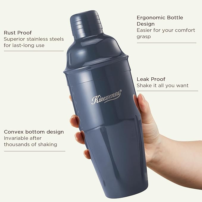 KITESSENSU Cocktail Shaker Set, Stainless Steel Martini Shaker with Bartender Strainer, Measuring Jigger, Bar Mixing Spoon, Cocktail Recipe Included, Navy