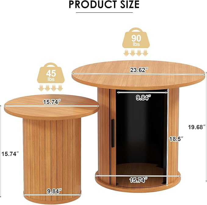 Nesting Coffee Table Set of 2 with Hidden Storage & Sliding Door, Circle Wood Coffee Table, Farmhouse Side & End Table Sets for Living Room, Small Spaces, Natural