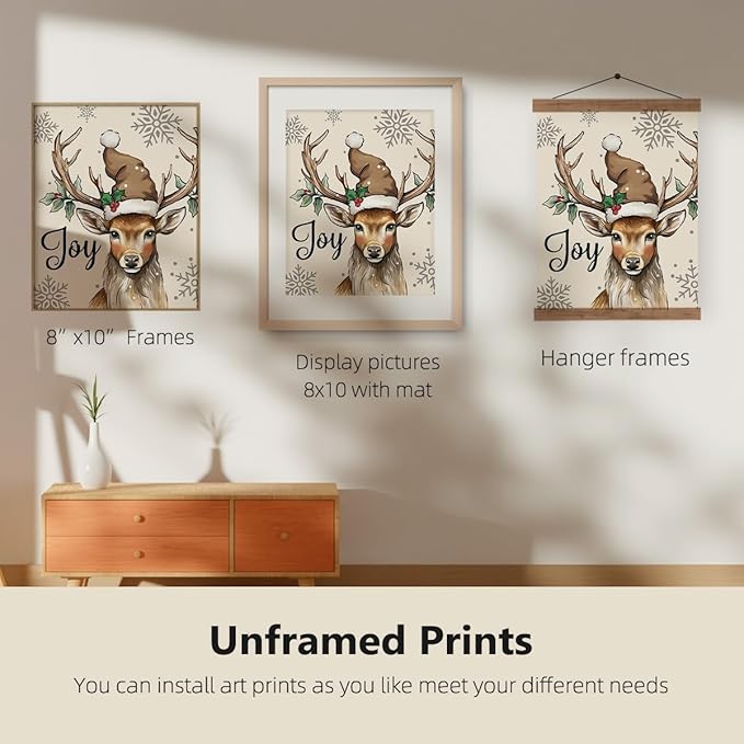 ETVISO Christmas Decor, Christmas Deer Wall Art Prints Set of 4, Retro Xmas Poster, Winter Holidays Gift Print Decor for Gallery Living Room Bathroom, 8x10 (Unframed)