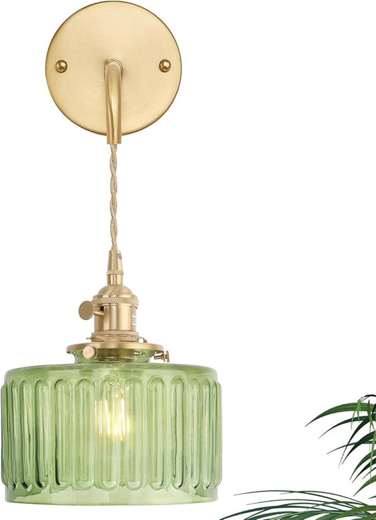 Vintage Wall Sconce Wall Lamp with Green Striped Shade Pattern Glass Adjustable Chain Retro Gold Wall Mounted Light, Modern Wall Lamp Fixtures Decor for Bedside Bedroom Indoor Doorway