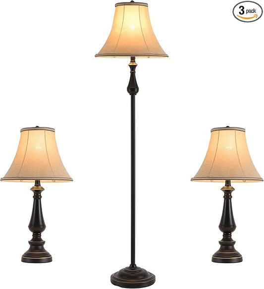 3-Piece Lamp Set (Table & Floor), Black Finish Vintage Brown Fabric Shades for Bedroom