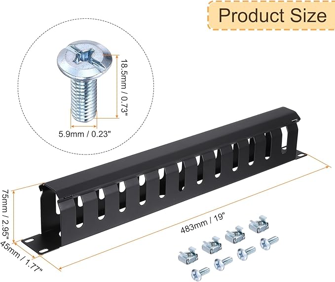 PATIKIL 1U 19 Inch Cable Management, 4 Pack 12 Slot Horizontal Rack Mount Wire Management Metal Finger Duct Wire Organizer for Network Cabinet, Black