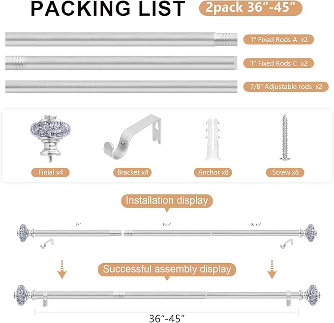 2 Pack Silver Curtain Rods for Windows 30 to 41 Inch, Decorative Vintage Crystal 1'' Diameter Curtain Rod with Silver Foil Finials, Adjustable Heavy Duty Easy Install Drapery Pole for Farmhouse
