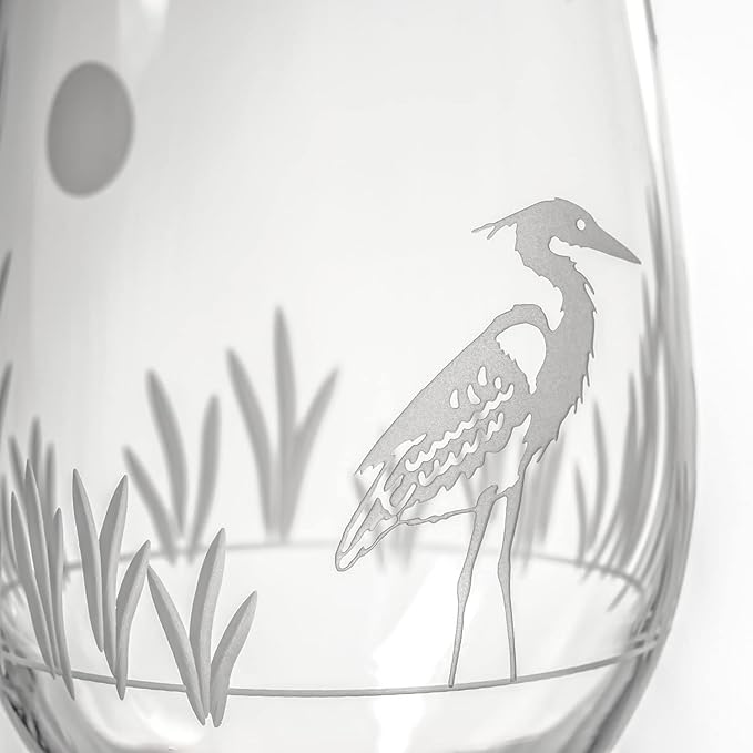 Rolf Glass Heron White Wine Glass | 12oz Stemmed Wine Glass | Lead-Free and Diamond-Wheel Etched | Proudly Made in the USA | Coastal Glassware | Set of 4