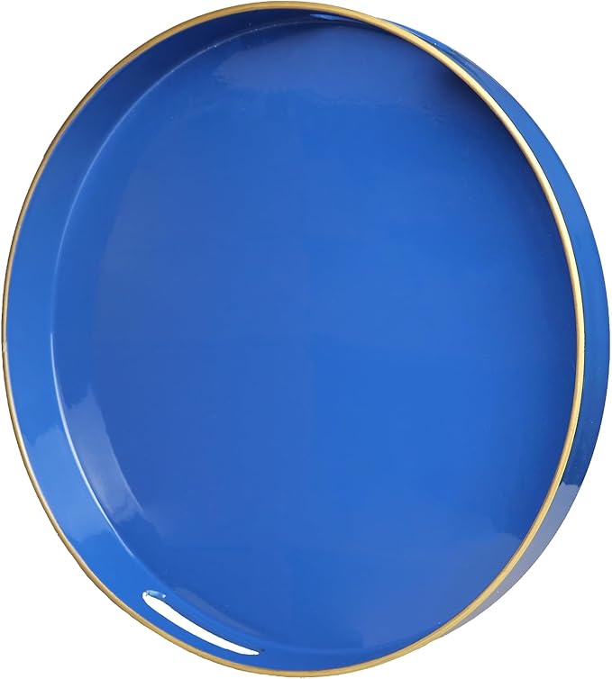 Blue Round Decorative Tray with Handles, 13" Elegant Coffee Table Serving Tray for Ottoman Living Room, Bathroom, Outdoors, Breakfast
