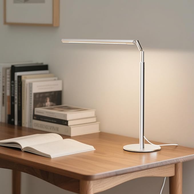 Metal Desk Lamp for Home Office - Foldable LED Table Lamp for Reading, 4 Color & 6 Brightness, 15W Dimmable Desk Light with Flexible Arm, Eye-Caring Desktop Lamp for College Dorm, Silver