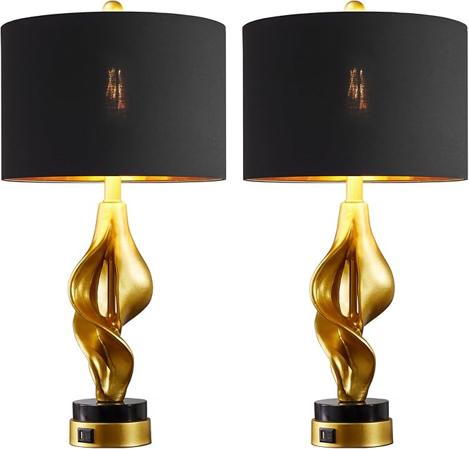 25.5'' Set of 2 Modern Table Lamps for Living Room Bedroom, Gold Leaf Sculptural Bedside Lamps with Marble Base and USB C+A Ports for Office End Tables Nightstand, 2 Bulbs Included