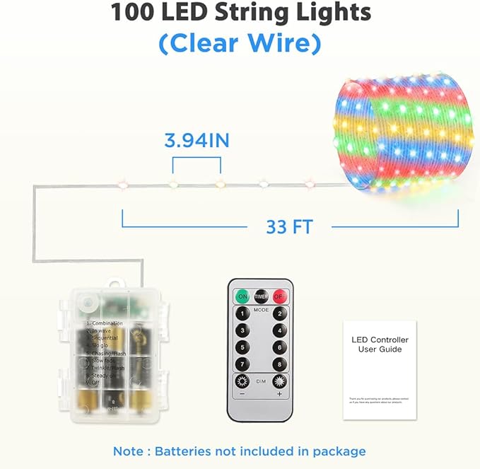 Battery Operated String Lights (2 Pack), 33ft 100 LED Fairy String Lights Battery Powered w/Remote & Timer for Indoor Outdoor Christmas Trees Wreath Decoration Bedroom Patio - Multicolor