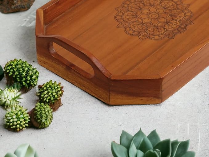 Vesta Homes Large Wooden Serving Tray for Home, Kitchen, Breakfast, Restaurant, Office Organizer, Dining Table | Premium Acacia Wood |15 * 10 * 3 Inches | Handcrafted in India