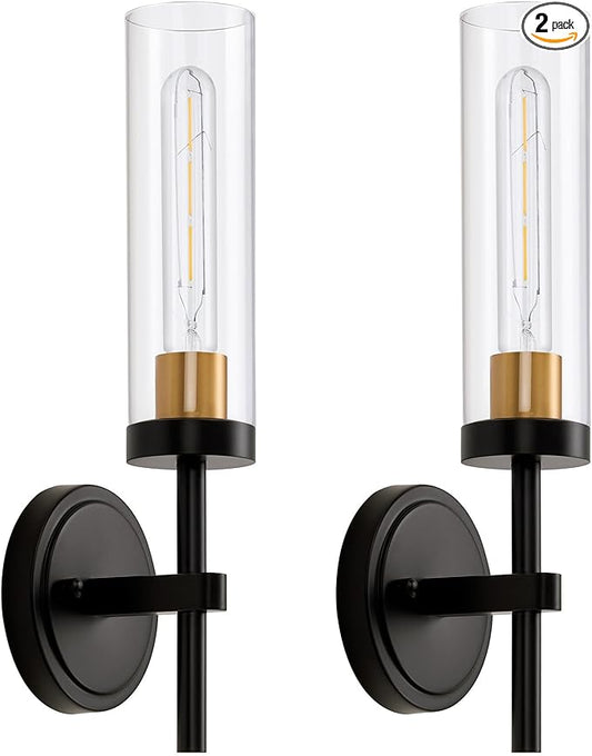 Black and Gold Hardwired Wall Sconces Set of 2, Modern Bathroom Vanity Sconces Wall Lighting with Clear Glass Shade, Farmhouse Wall Mount Lights for Mirror Bedroom Living Room Hallway Kitchen