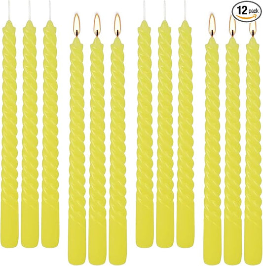 12 Pack 10 inch Yellow Spiral Taper Candles - Dripless, Smokeless, Unscented - 7 Hours Long Burning - Spiral Tall Candlesticks - Perfect for Home Decor, Weddings,Halloween, and Special Occasions.