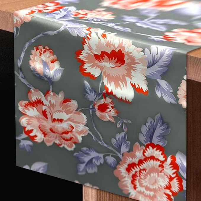 Decozen Table Runner - Japanese Print Floral Design Perfect for Winter Christmas Kitchen Dining Room Home Decor Console Table Farmhouse - Gray