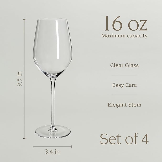 over&back 16oz Traditional Glassware - Set of 4 Classic Stem Drinking Glasses for Parties, Get-togethers, and More - Mouth-Blown - Wine Cups for Kitchen and Dining Room - Clear