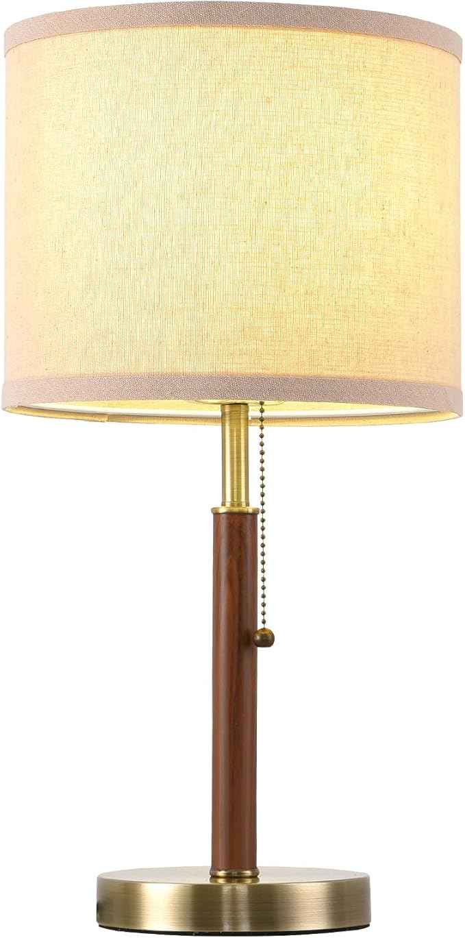 Mid Century Table Lamps Set of 2, 19.5" Modern Bedside Buffet Table Lamps with Pull Chain Switch, Antique Brass & Wood Small Nightstand Lamps for Living Room Bedroom End Table
