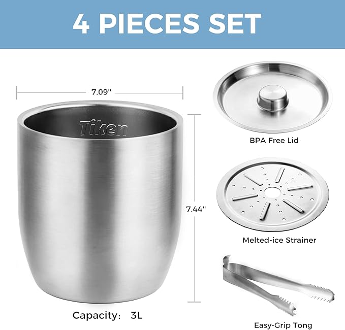 Tiken 3L Double-Wall Vacuum Insulated Ice Bucket with Lid & Tong Stainless Steel Champagne Buckets for Cocktail Bar, Parties & Outdoor