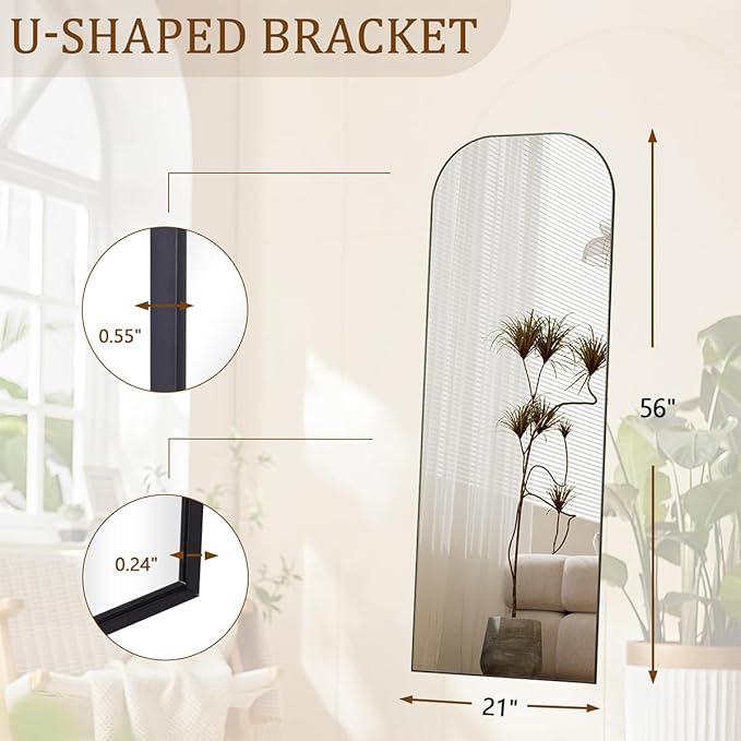 Koonmi Full Length Mirror, 56"x21" Mirror Full Length with Stand, Black Top Square-Edged Floor Mirror with Aluminum Alloy Frame for Bedroom Living Room