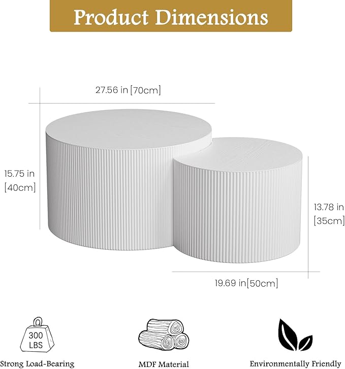 Round Coffee Table Set of 2 Modern Nesting Coffee Tables Wooden Drum Coffee Tables with Non-Slip Feet, Circle Nesting Tables End Table for Living Room Office, No Assembly (Cream 27.56"+19.69")