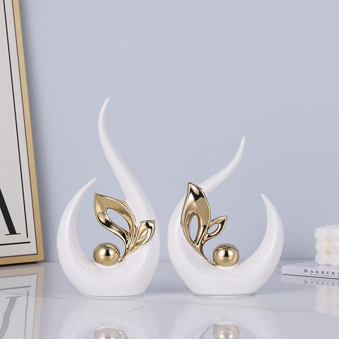 9.4" H White Gold Abstract Sculptures Home Decor, Ceramic Art Statue Cool Stuff to Put on Shelves&tv Stand Decor, Gold Accent Entertainment Center, for Fireplace Coffee Table Dining Table Decorate