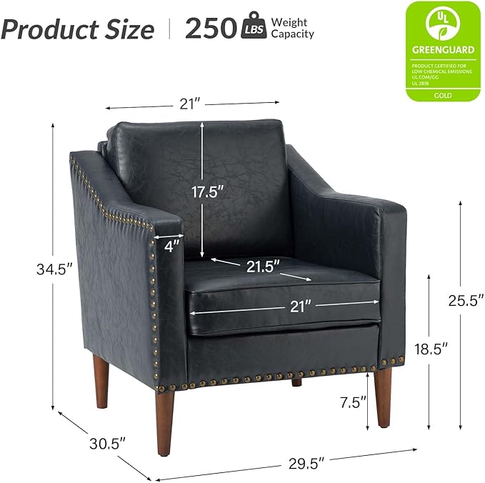 HULALA HOME Faux Leather Accent Armchair with Back & Seat Cushions, Traditional Club Chair with Nailhead Trim, Comfy Upholstered Sofa Chair for Living Room Bedroom, Navy