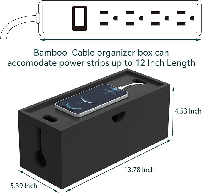 Bamboo Cable Management Box, Large Cord Organizer Box Cable Box to Hide Wires & Power Strips for Desktop Storage Cord Holder for Office Home,No Assembley Required (All Black, 1Medium)