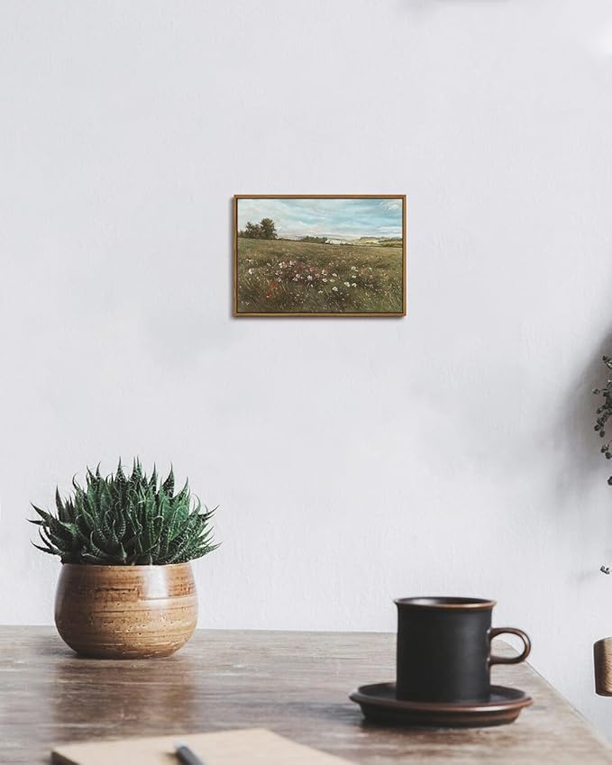 KISSFOX Vintage Landscape Canvas Wall Art Farmhouse Colorful Wildflower Meadow Framed Wall Art Summer Natural Serene Countryside Paintings Artwork Rustic Art Prints For Bedroom Bathroom Living Room