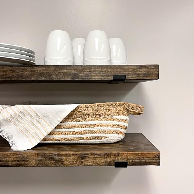 Rustic Shelves with J-Brackets Set of 2, Industrial Shelf, Kitchen Shelves, Solid Wood, Decorative Wall Storage, Heavy Duty, URBANDI (Dark Brown, 48Wx12D)