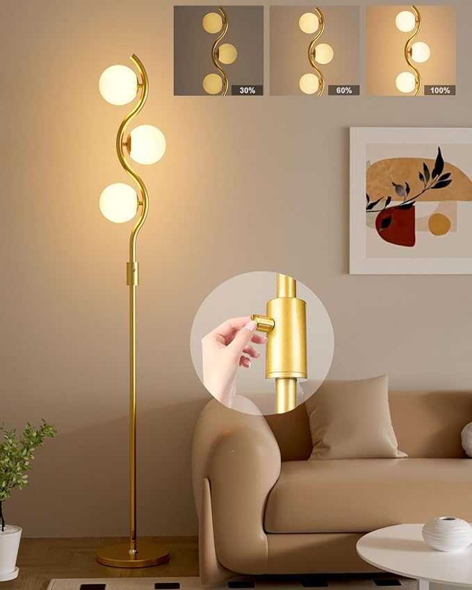 Lightdot 60IN Gold Floor Lamp Stepless Dimmable Globe Floor Lamps with 3Pcs 3000K G9 Bulbs Eye-Friendly Mid Century Standing Lamps with Stable Base for Living Room/Bedroom/Corner/Office
