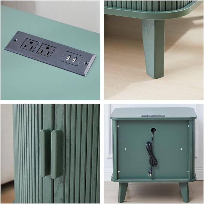 AVZEAR 24" Large Fluted End Table with Charging Station, Farmhouse Sofa Side Table with Sliding Tambour Door & Storage, Curved Rustic Wood Nightstand for Living Room, Bedroom, Green