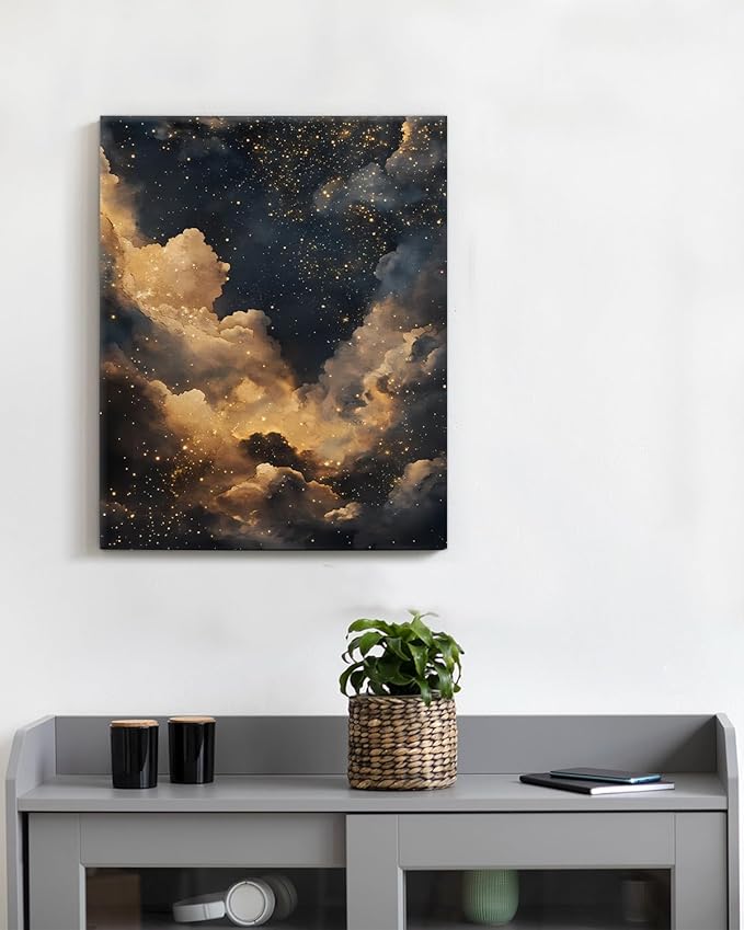 Aesthetic Celestial Canvas Wall Art Decor Night Sky Stars Dark Academia Print Poster Framed Picture Painting Wall Decorations for Home Apartment Bedroom Decor 8x10 Inch