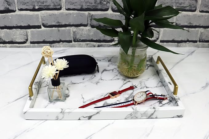 MCBZ Home Living Decor Tray, Coffee Table Tray,Ottoman Tray,Marbled Leather Tray, Serving Trays with Handles 16.5 * 12.6 Inch (White)