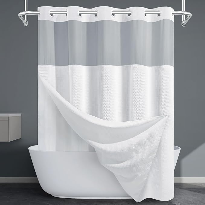 Long No Hook Shower Curtain with Snap in Liner,230GSM Waffle Weave Shower Curtains for Bathroom,71W x 77H(75"),White