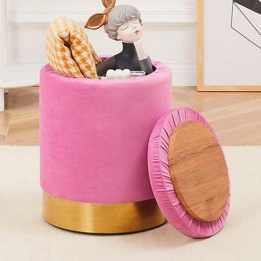 Mxfurhawa Velvet Storage Ottoman Multipurpose Footrest Stool with Metal Base Modern Round Vanity Stool Chair Ottoman Foot Stools Support 300 lbs Padded Seat for Living Room (Rose Pink)